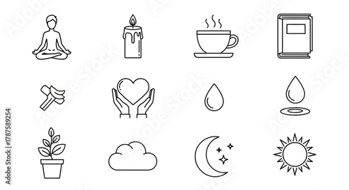 Serenity icons set: person meditating, burning candle, hot drink, book, plant, hands holding heart, water drop, sun, moon, stars and cloud for calm living and mindfulness
