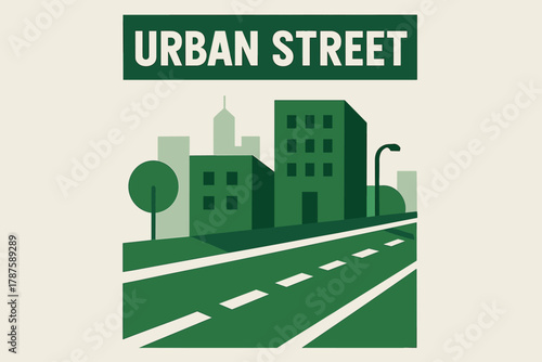 Minimalist Urban Streetscape. urban street. geometric sans heavy, flat fills, long angled shadows, minimalist