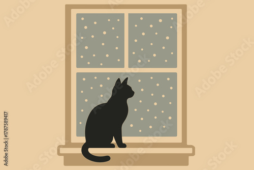 Vintage Cat and Snow. minimalist flat illustration of a black cat outlined against a pale window, snow
