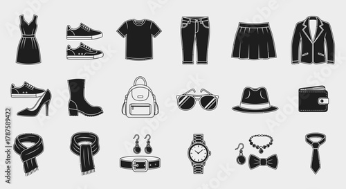 Stunning collection of modern apparel and accessories icons, perfect for fashion, retail, and design projects needing a stylish visual.