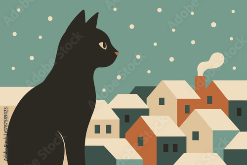 Retro Cat Perspective. minimalist flat illustration of a cat in profile looking out over snowy rooftops,