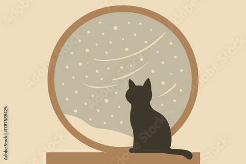 Cat's Snowy Gaze. minimalist flat illustration of a cat watching snowflakes swirl in the wind outside a large