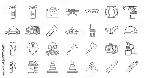 Essential emergency and safety equipment icons including first aid, rescue, and protective gear for critical situations and preparedness