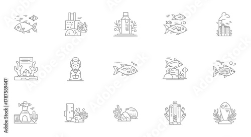 Vibrant underwater world icons depicting marine life, coral reefs, and aquatic environments for educational and ecological projects