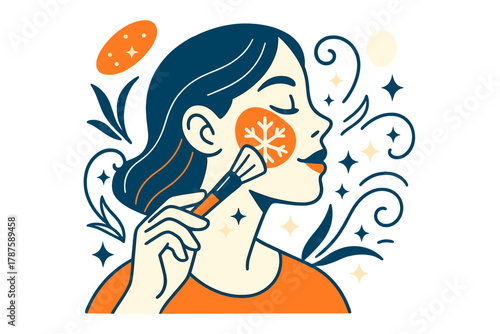 Icy Makeup Elegance. Icy elegance. A hand holding a makeup brush draws snowflake-like strokes across a glowing