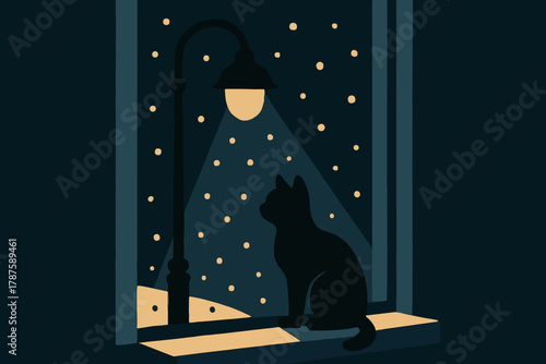 Retro Night Cat. minimalist flat illustration of a cat on a windowsill at night, snow gently falling under
