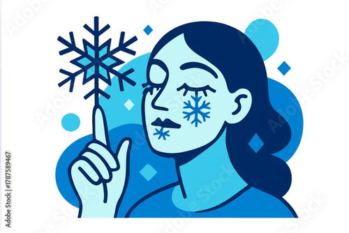 Serene Crystal Touch. Crystal touch. Eyes closed in serenity, geometric snowflakes resting gently on eyelashes