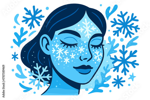 Snowflake Makeup Artistry. Snowflake makeup concept. Close-up of a face with shimmering snowflake patterns