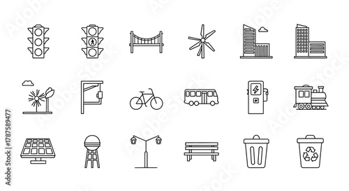 Modern cityscape icons essential for urban planning sustainable living and smart city concepts showcasing transportation infrastructure and renewable energy solutions