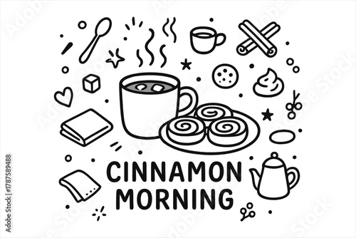 Cinnamon Cozy Doodles. Cinnamon Morning. Hand-drawn doodle illustration of cinnamon rolls and hot cocoa on