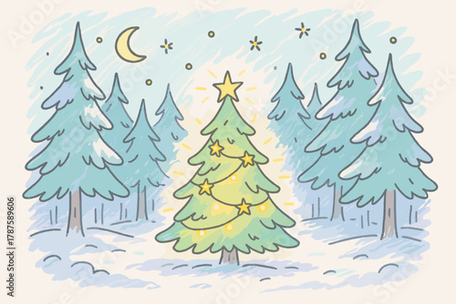 Moonlit Christmas Glow. "Glowing Christmas tree in forest". Gentle doodle of moonlit forest with a single