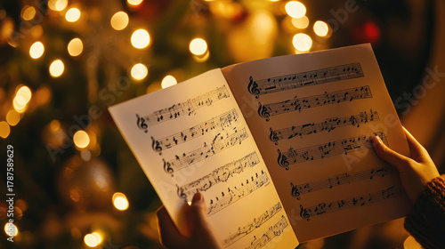 Close-up of hands holding sheet music with Christmas tree lights in the background. A person is singing a carol during the festive season.