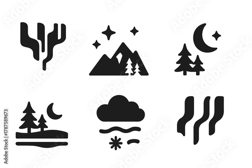 Northern Lights Icons. Northern Lights. Filled icon set of Northern Lights: aurora waves, starry sky, mountain