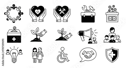 Inspiring icons depicting community, support, growth, and collaboration for positive social impact and business initiatives