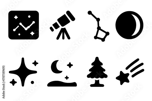 Night Sky Icons. Night Constellations. Filled icon set of Night Constellations: star map, telescope, big