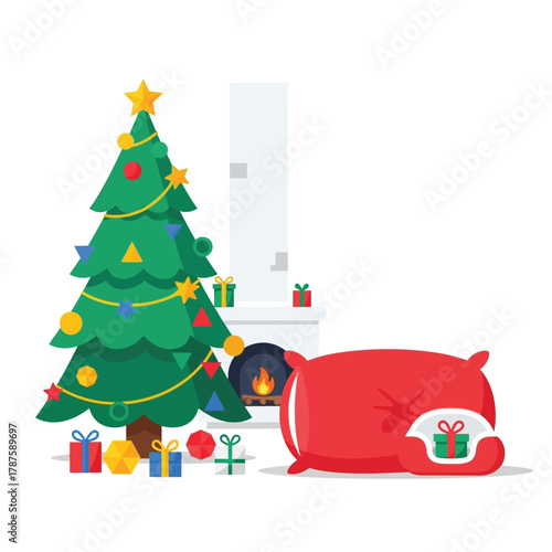 A festive Christmas scene with a decorated tree, a cozy fireplace, and a red sack full of gifts.