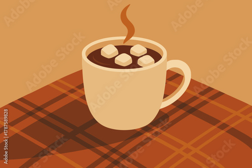 Cozy Hot Chocolate. minimalist flat illustration of a cup of hot chocolate with marshmallows resting on a