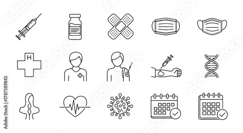 Modern medical icons featuring vaccination, health, and science concepts for professional healthcare communication and design projects