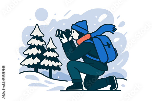 Winter Photography Adventure. Winter explorer. A tourist kneels to capture a snowy landscape, camera focused