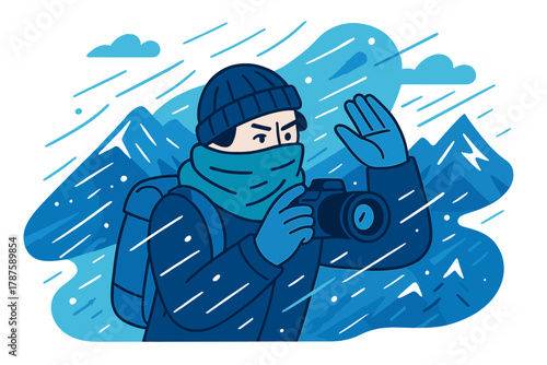 Traveler in Snowstorm. Traveler in snowstorm. Tourist shields camera from swirling snow while capturing
