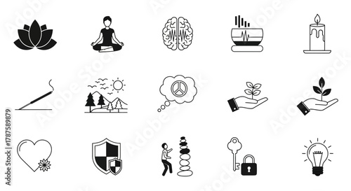 Discover inner peace and growth with these modern icons representing mindfulness, nature, and positive thinking for wellness and business