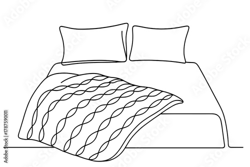Minimalist Knit Bedding. Knitted Warmth. Minimalistic one-line drawing knitted blanket and pillows on bed,