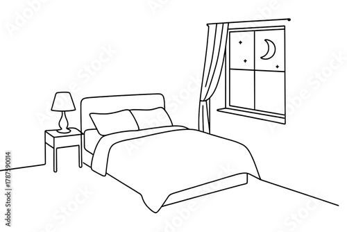 Minimalist Winter Bedroom. Silent Night. Minimalistic one-line drawing peaceful winter bedroom with moonlight