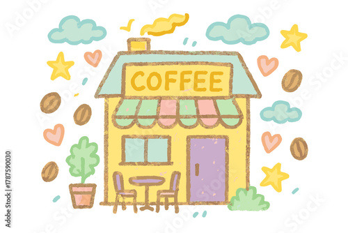 Charming Café Doodle. "Cozy coffee shop exterior". Charming doodle of a little café surrounded by stars,