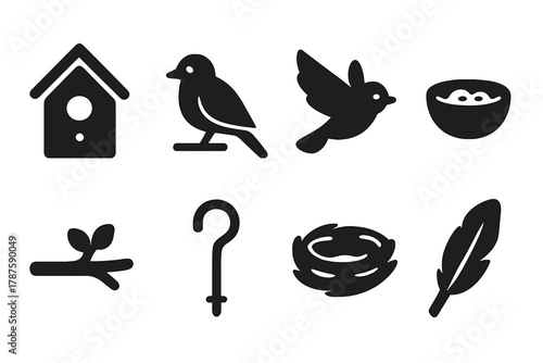 Backyard Bird Icons. Backyard Birds. Filled icon set of Backyard Birds: birdhouse, perch, flying bird, seed
