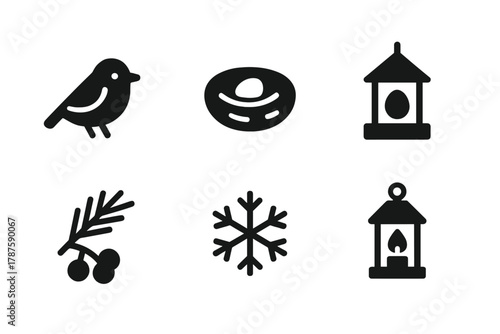 Cozy Bird Icons. Cozy Bird Scene. Filled icon set of Cozy Bird Scene: small bird, nest, hanging feeder, pine