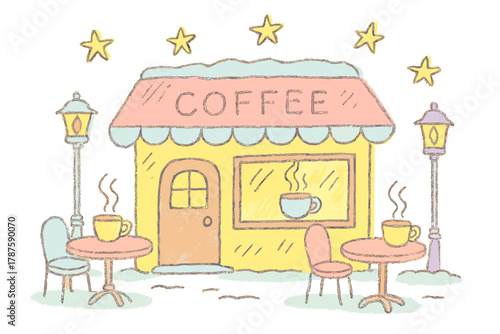 Whimsical Café Winter Scene. "Cozy coffee shop exterior". Whimsical doodle of a street café in winter — small