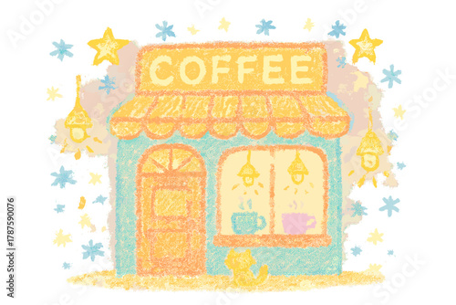 Whimsical Night Café. "Cozy coffee shop exterior". Whimsical doodle of a night café glowing with stars and
