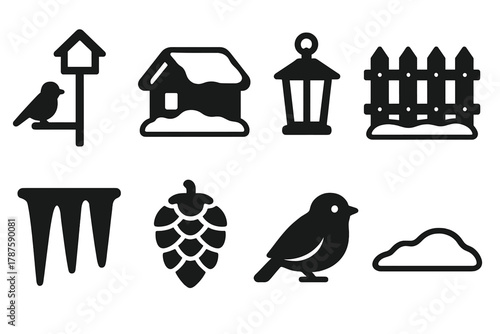 Frozen Backyard Icons. Frozen Backyard. Filled icon set of Frozen Backyard: bird feeder pole, snow on roof,