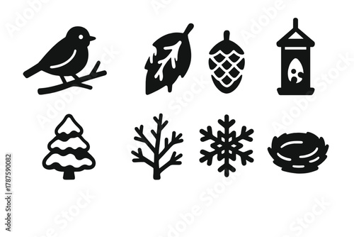 Winter Nature Icons. Winter Nature. Filled icon set of Winter Nature: bird on twig, frozen leaf, pinecone,