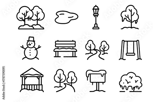 Iconic Winter Park Scene. Urban Winter Park. Line outline icon set of city park under snow: snow on trees,