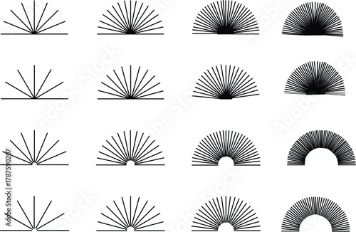 STRAIGHT RADIAL LINES IN SEMICIRECLE SHAPE. SET OF SUN RAYS, SUNBEAM OR SUNBURST, ICONS ISOLATED  ON WHITE BACKGROUND. RADIANCE, BLAST, EXPLOSION OR FIREWORK SYMBOLS. VECTOR GRAPHIC ILLUSTRATION