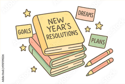 New Year Resolutions Doodles. "New Year’s resolutions notebook". Playful doodle of a stack of notebooks,