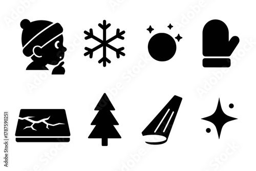 Winter Curiosity Icons. Winter Curiosity. Filled icon set of Winter Curiosity: curious child, snow crystal,