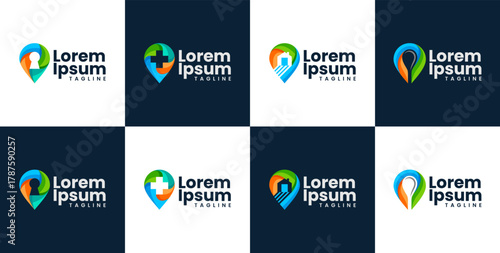 Health, plus, home, security icon with colorful pin location logo set.