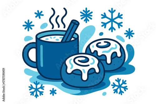 Winter Cocoa Delight. Sweet winter treat. A mug of cocoa with cinnamon stick rests next to rolls drizzled with
