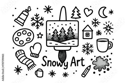 Snowy Forest Doodle. Snowy Art. Hand-drawn doodle illustration of watercolor painting of snowy forest. In the