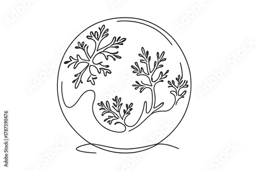 Minimalist Ice Globe. Ice Globe. Minimalistic one-line drawing frost-covered bubble with crystalline details,