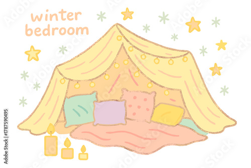 Winter Cozy Fort. "Winter bedroom aesthetic". Naive doodle of a big blanket fort with pillows, fairy lights,