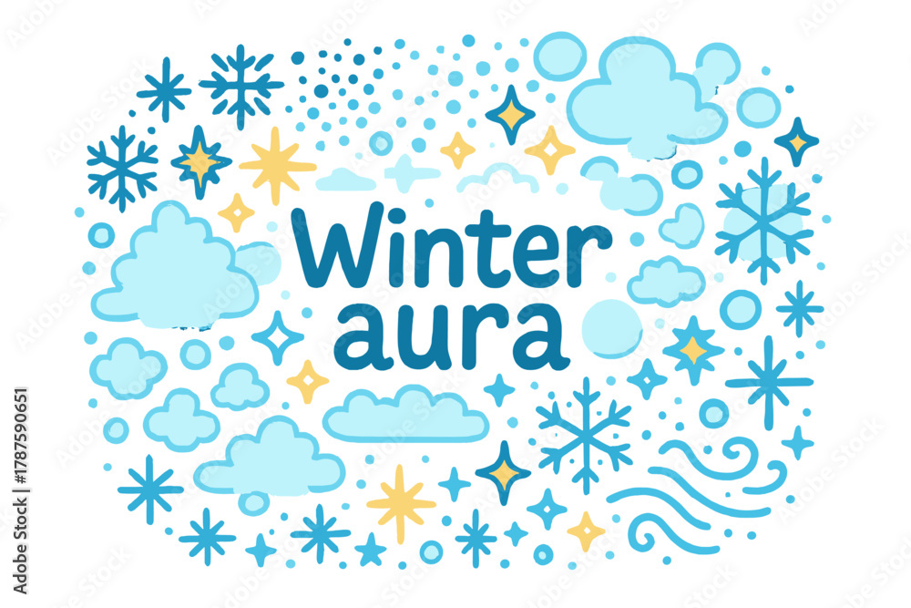 Fototapeta premium Winter Aura Doodle. Winter aura. Hand-drawn doodle illustration of winter aura. Snowflakes, spark bursts,