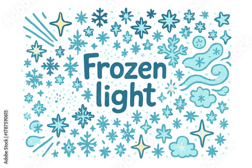 Frozen Light Doodle. Frozen light. Hand-drawn doodle illustration of frozen light. Glowing stars, snowflakes,