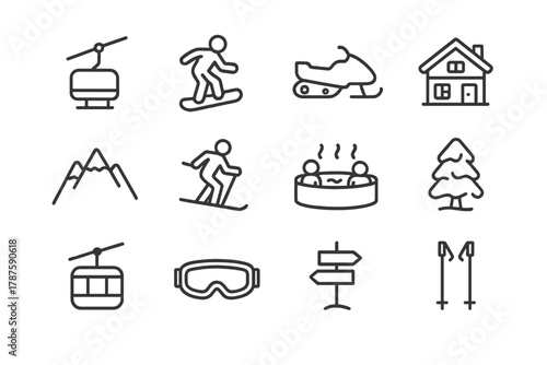 European Ski Icon Set. European Ski Resorts. Line outline icon set of mountain winter attractions: ski lift,