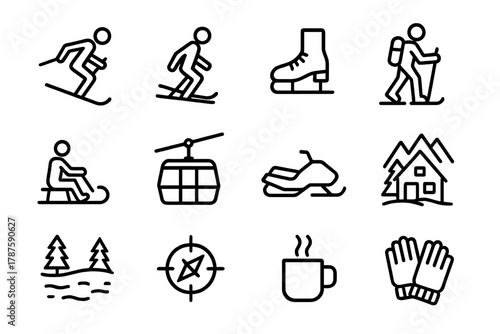 Winter Adventure Icons. European Winter Adventures. Line outline icon set of outdoor travel activities: skiing