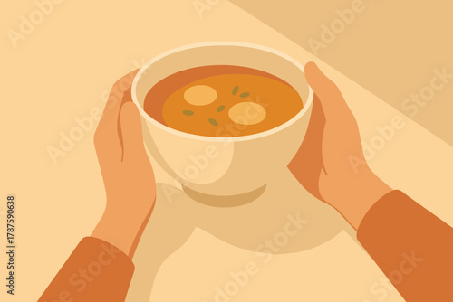 Warm Soup Serenity. minimalist flat illustration of a person’s hands holding a ceramic bowl of soup, gentle