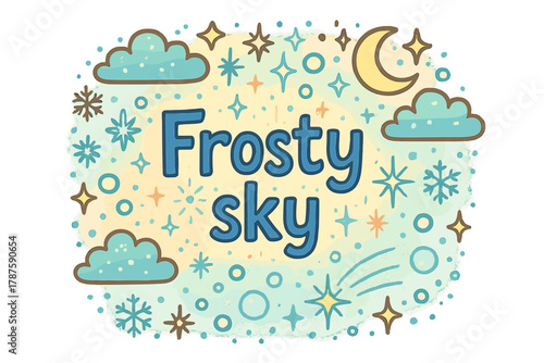 Frosty Sky Doodle. Frosty sky. Hand-drawn doodle illustration of frosty sky. Snowflakes, clouds, gradient