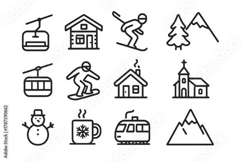 Alpine Winter Icons. Winter in the Alps. Line outline icon set of alpine winter tourism: ski lift, mountain